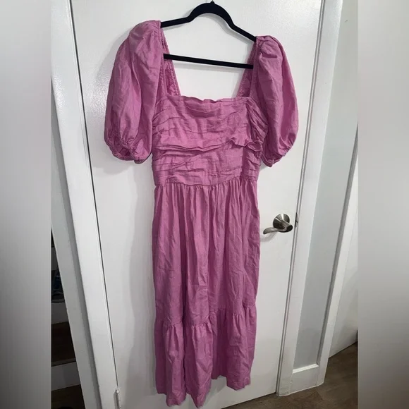 Abercrombie & Fitch Emerson Linen-Blend Puff Sleeve Midi Dress in Pink Size L - Picture 9 of 16